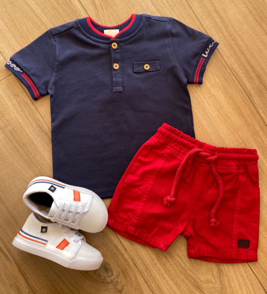 Conjunto Infantil Masculino Camiseta Azul Marinho e Bermuda Vermelha Fernanda Ramos Kids