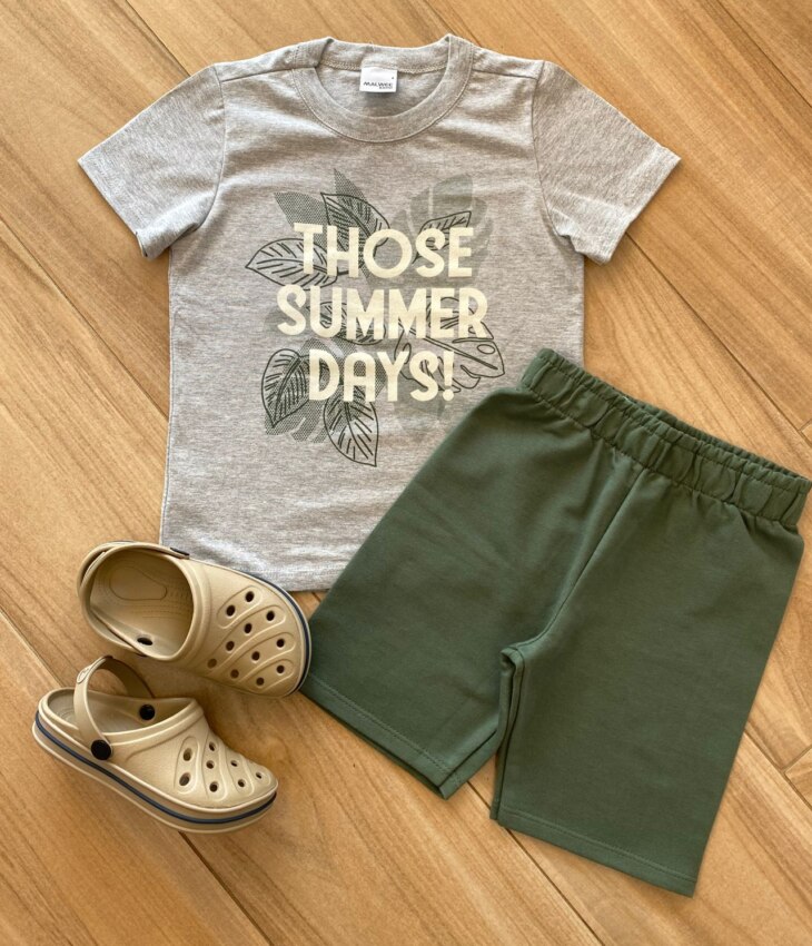 Conjunto Infantil Masculino Camiseta Summer e Bermuda Verde Militar Fernanda Ramos Store
