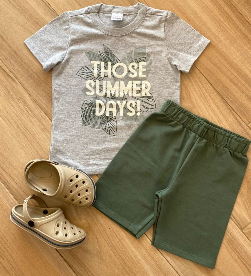 Conjunto Infantil Masculino Camiseta Summer e Bermuda Verde Militar Fernanda Ramos Store