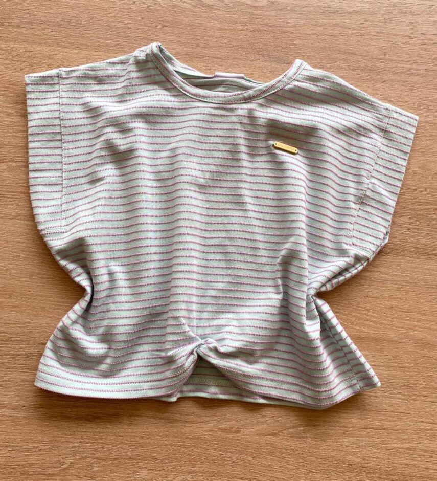 Blusa Feminina Infantil Verde Água Listrada de Lilás Fernanda Ramos Kids