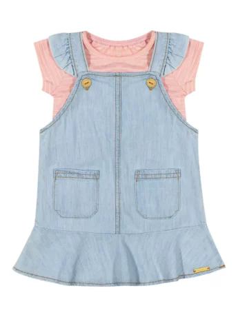 Conjunto Infantil Feminino Blusa Rosa e Salopete Jeans com Bolsos Fernanda Ramos Kids