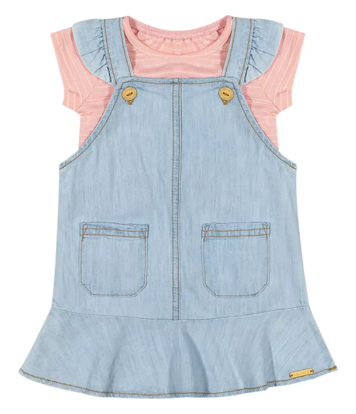 Conjunto Infantil Feminino Blusa Rosa e Salopete Jeans com Bolsos Fernanda Ramos Kids
