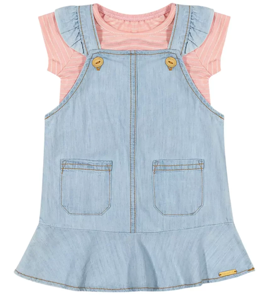 Conjunto Infantil Feminino Blusa Rosa e Salopete Jeans com Bolsos Fernanda Ramos Kids