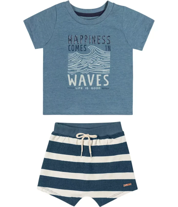 Conjunto Infantil Masculino Camiseta Happiness e Bermuda Listrada Fernanda Ramos Kids