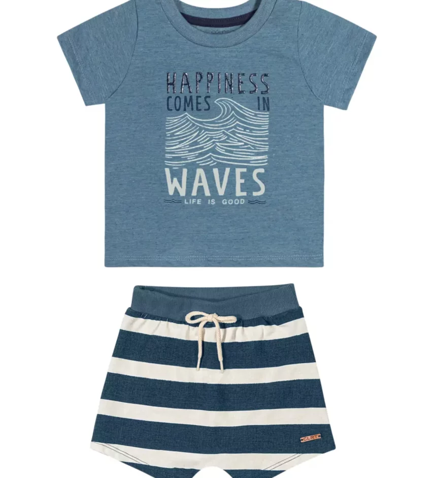 Conjunto Infantil Masculino Camiseta Happiness e Bermuda Listrada Fernanda Ramos Kids