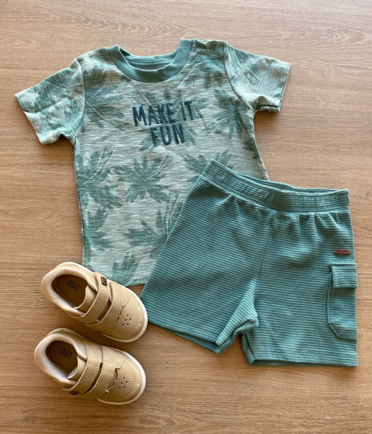 Conjunto Masculino Infantil Camiseta Estampada e Bermuda Verde Fernanda Ramos Kids