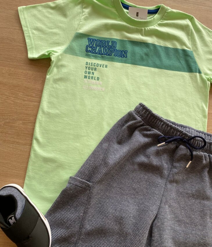 fernandaramosstore com br Conjunto Masculino Infantil Camiseta Verde e Bermuda Listrada1