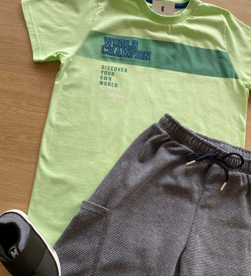 fernandaramosstore com br Conjunto Masculino Infantil Camiseta Verde e Bermuda Listrada1