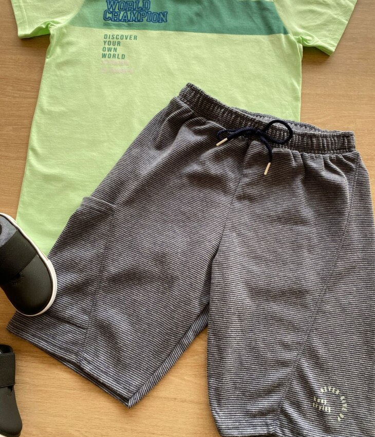 fernandaramosstore com br Conjunto Masculino Infantil Camiseta Verde e Bermuda Listrada2