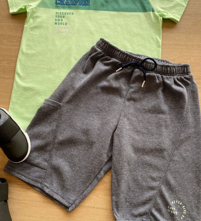 fernandaramosstore com br Conjunto Masculino Infantil Camiseta Verde e Bermuda Listrada2