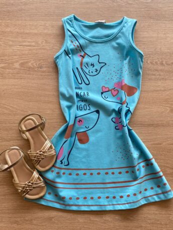 Vestido Infantil Feminino Evasê Azul Estampado Fernanda Ramos Kids