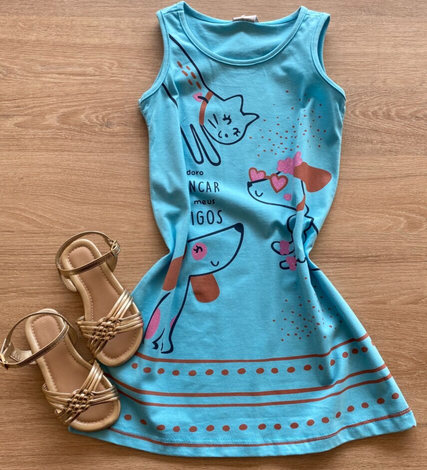 Vestido Infantil Feminino Evasê Azul Estampado Fernanda Ramos Kids