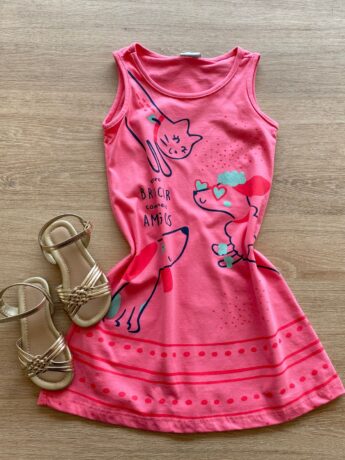 Vestido Infantil Feminino Evasê Rosa Estampado Fernanda Ramos Kids