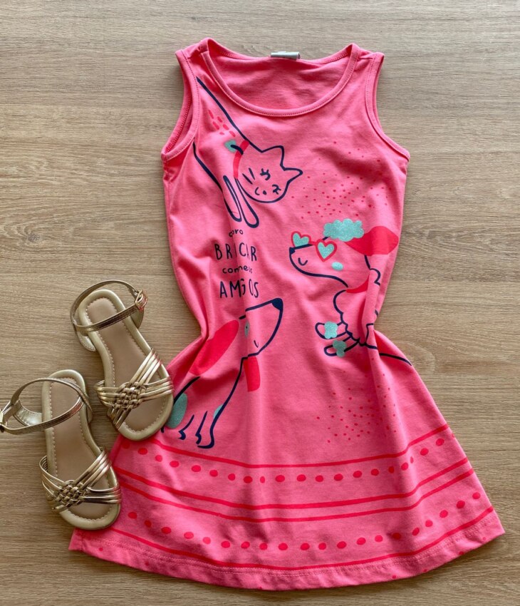 Vestido Infantil Feminino Evasê Rosa Estampado Fernanda Ramos Kids