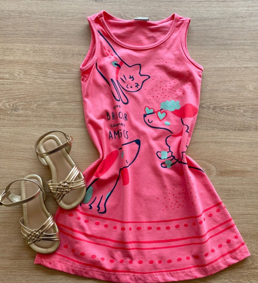 Vestido Infantil Feminino Evasê Rosa Estampado Fernanda Ramos Kids
