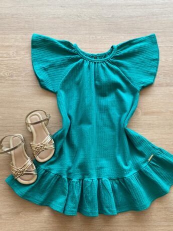 Vestido Infantil Feminino Manga Curta Verde Água Fernanda Ramos Kids