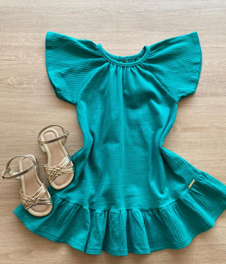 Vestido Infantil Feminino Manga Curta Verde Água Fernanda Ramos Kids