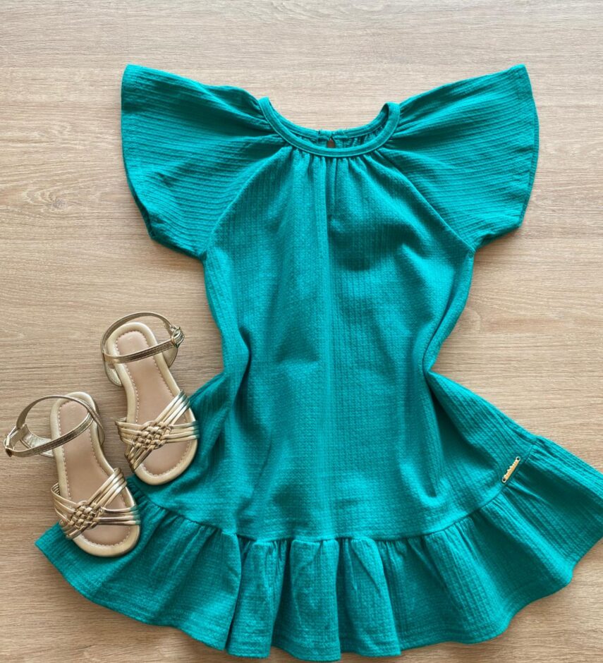 Vestido Infantil Feminino Manga Curta Verde Água Fernanda Ramos Kids