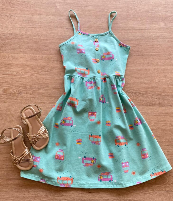 Vestido Infantil Feminino Rodado Alça Fina Estampado Fernanda Ramos Kids