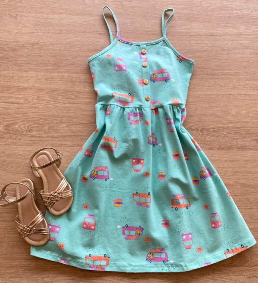Vestido Infantil Feminino Rodado Alça Fina Estampado Fernanda Ramos Kids
