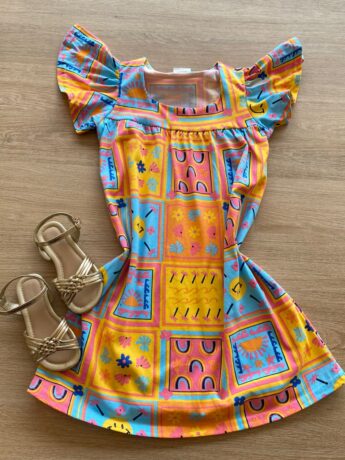 Vestido Infantil Feminino Rodado Manga Curta Estampado Fernanda Ramos Kids
