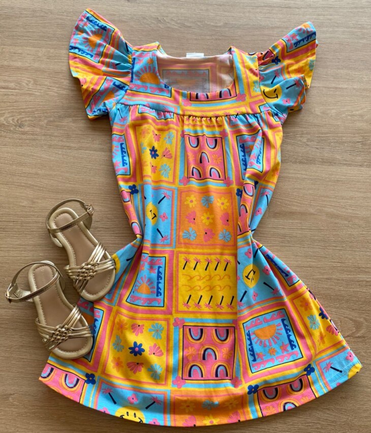 Vestido Infantil Feminino Rodado Manga Curta Estampado Fernanda Ramos Kids