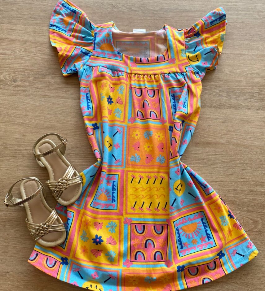 Vestido Infantil Feminino Rodado Manga Curta Estampado Fernanda Ramos Kids