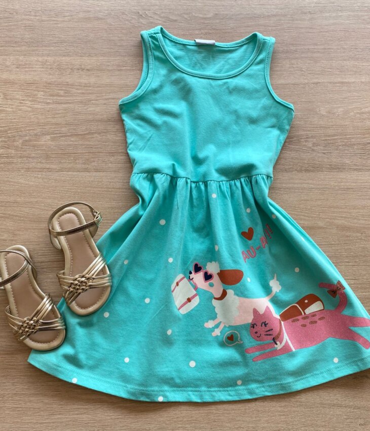 Vestido Infantil Feminino Rodado Verde Água Fernanda Ramos Kids
