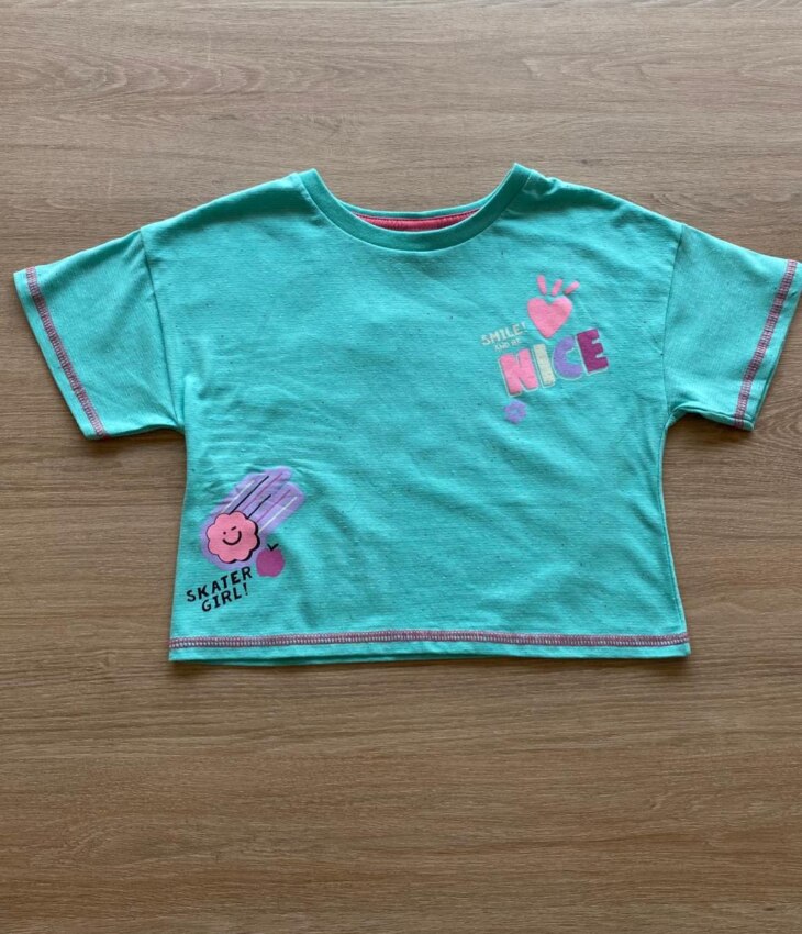 Blusa Cropped Manga Curta Infantil Feminina Nice Verde Água Fernanda Ramos Kids
