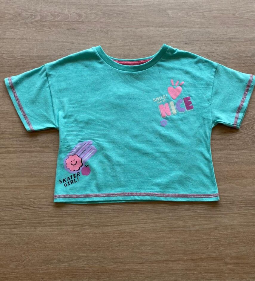 Blusa Cropped Manga Curta Infantil Feminina Nice Verde Água Fernanda Ramos Kids