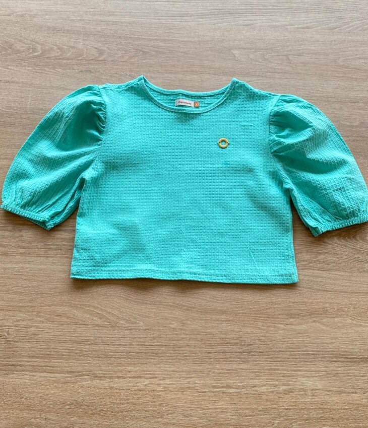 Blusa Cropped Manga Princesa Texturizada Verde Água Fernanda Ramos Kids