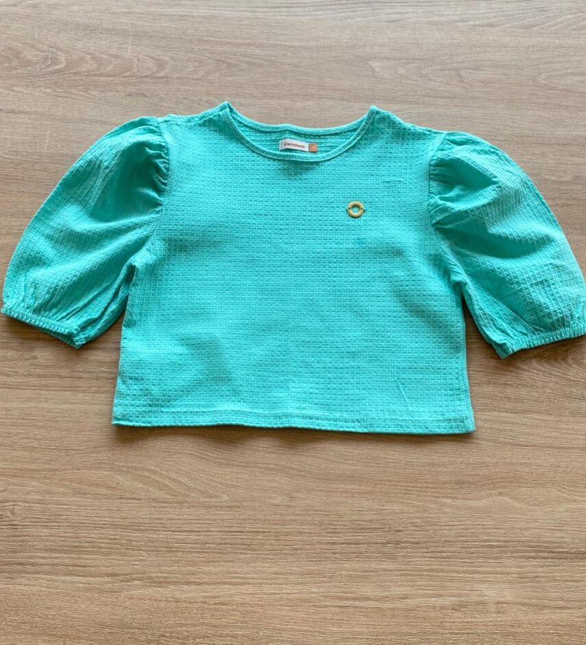 Blusa Cropped Manga Princesa Texturizada Verde Água Fernanda Ramos Kids