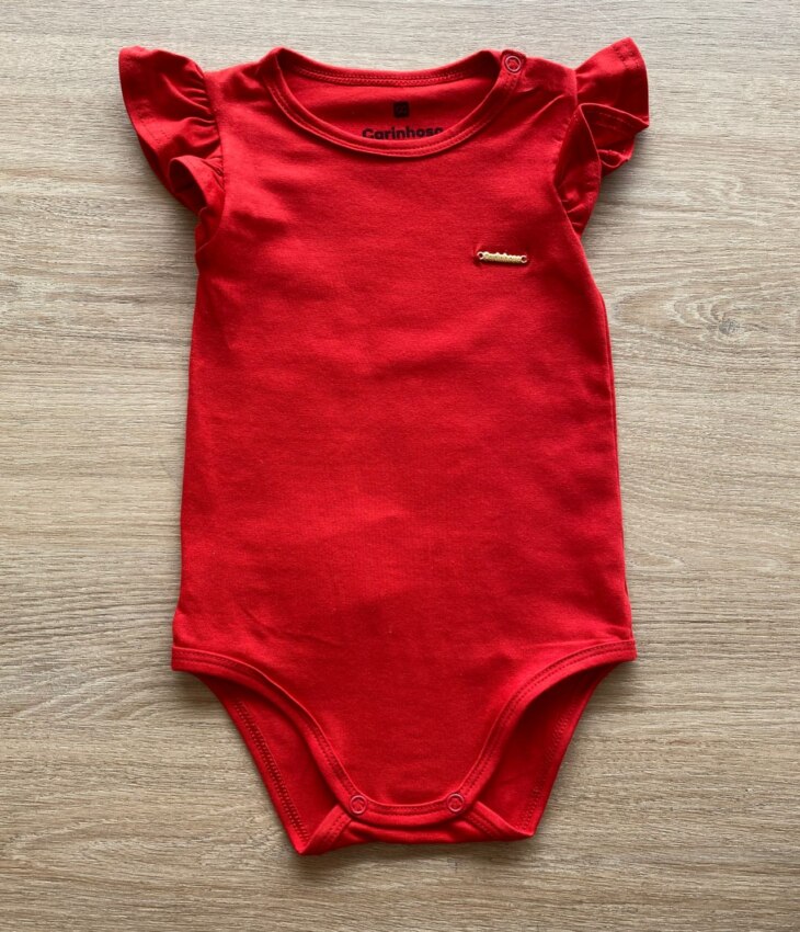Body Infantil Feminino Básico Manga com Babado Vermelho Fernanda Ramos Kids