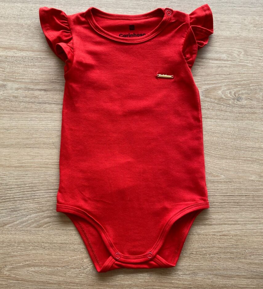 Body Infantil Feminino Básico Manga com Babado Vermelho Fernanda Ramos Kids
