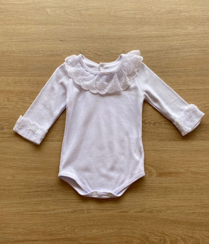 Body Infantil Feminino Manga Longa Branco com Detalhe de Renda Fernanda Ramos Kids