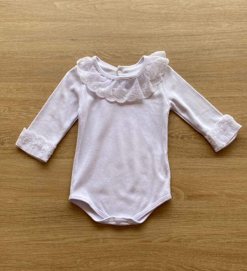 Body Infantil Feminino Manga Longa Branco com Detalhe de Renda Fernanda Ramos Kids