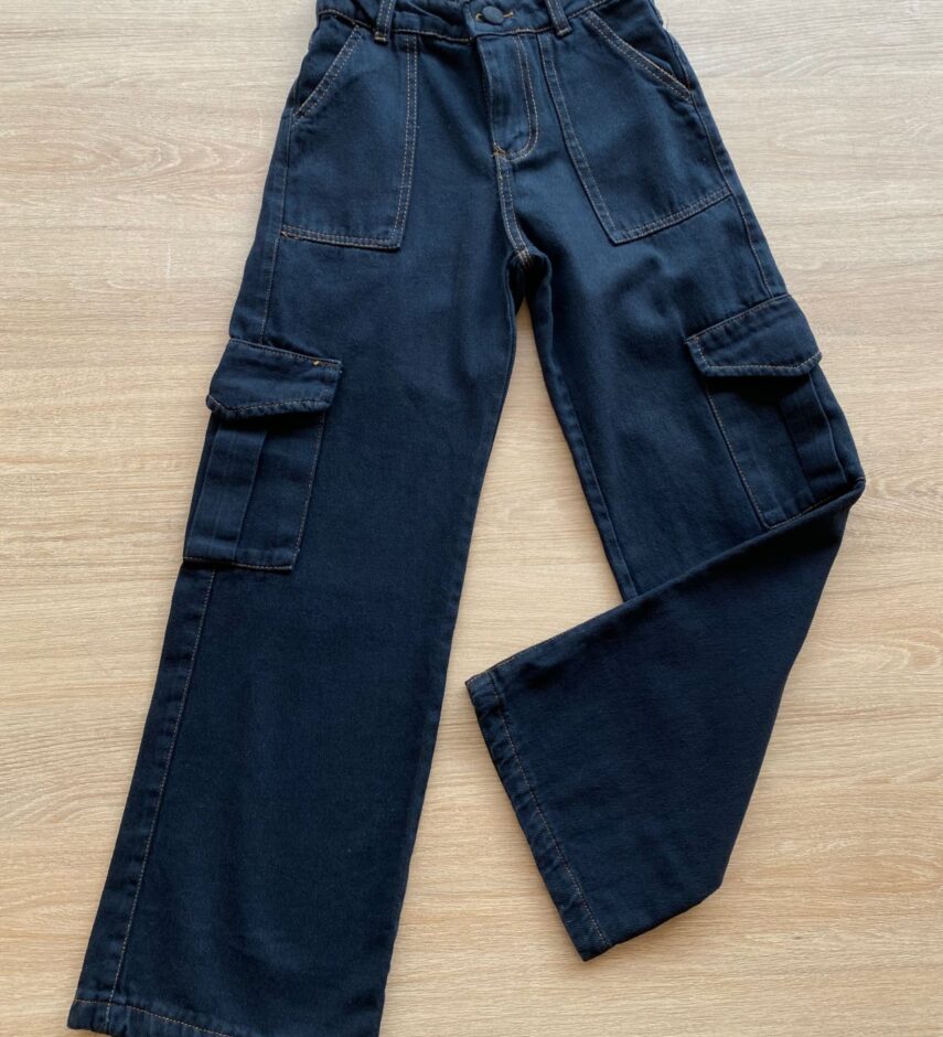 Calça Cargo Infantil Feminina Jeans Lavagem Escura Fernanda Ramos Kds
