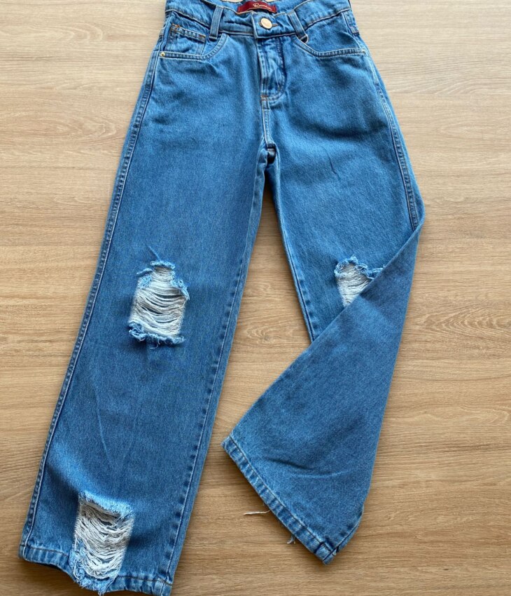 Calça Jeans Juvenil Feminina Wide Leg com Destroyed Fernanda Ramos Kids