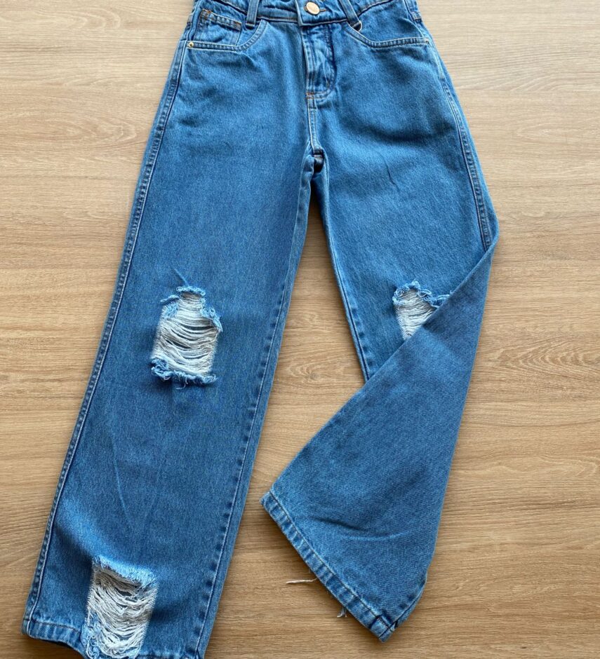 Calça Jeans Juvenil Feminina Wide Leg com Destroyed Fernanda Ramos Kids