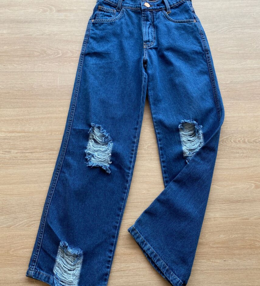 Calça Juvenil Feminina Jeans Wide Leg com Destroyed Fernanda Ramos Kids