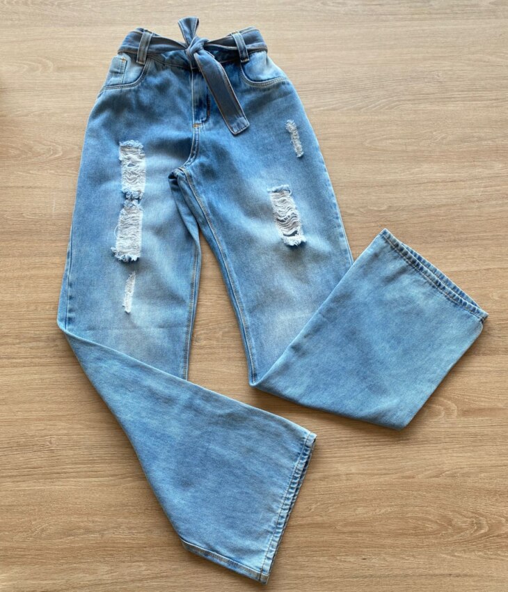 Calça Juvenil Feminina Wide Leg Jeans com Amarração Fernanda Ramos Kids
