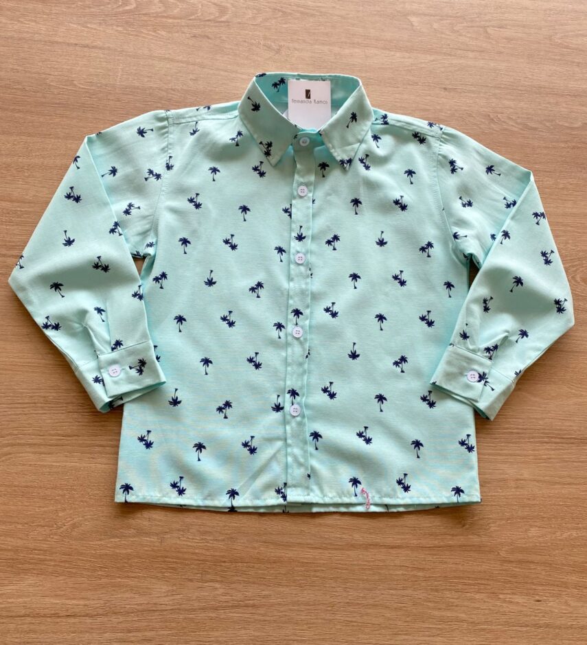 Camisa Infantil Masculina Manga Longa Estampada Verde Água Fernanda Ramos Kids