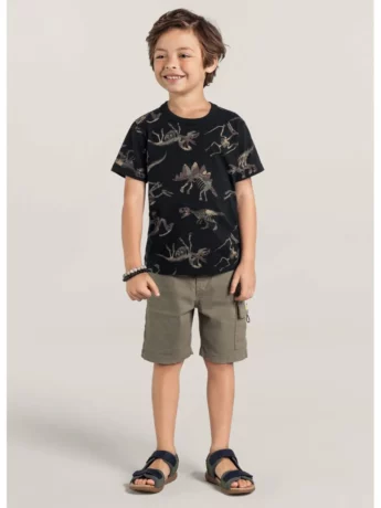 Camiseta Infantil Masculina Manga Curta Preta Dinossauros Fernanda Ramos Kids
