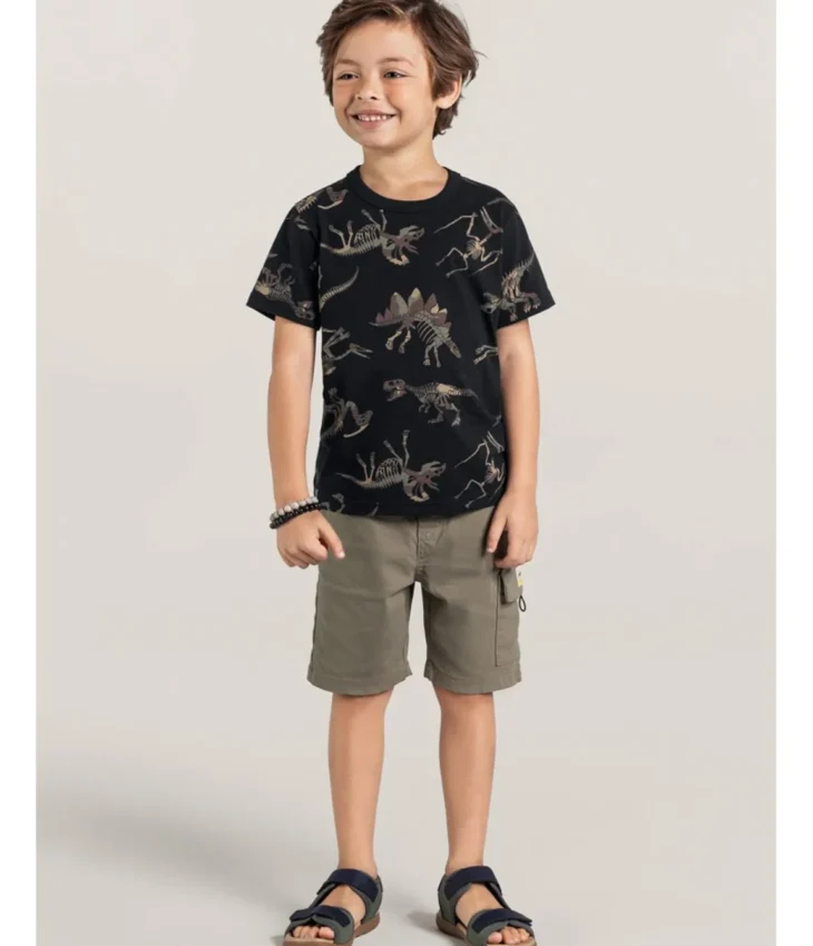 Camiseta Infantil Masculina Manga Curta Preta Dinossauros Fernanda Ramos Kids