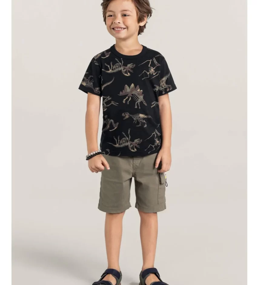 Camiseta Infantil Masculina Manga Curta Preta Dinossauros Fernanda Ramos Kids