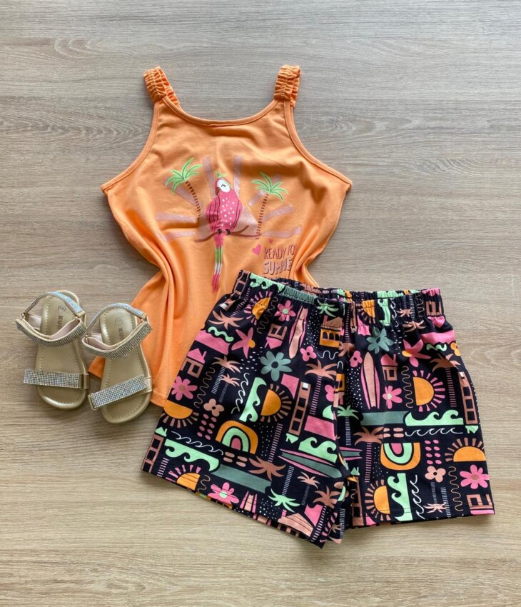 Conjunto Feminino Infantil Regata Summer e Short Estampado Fernanda Ramos Kids