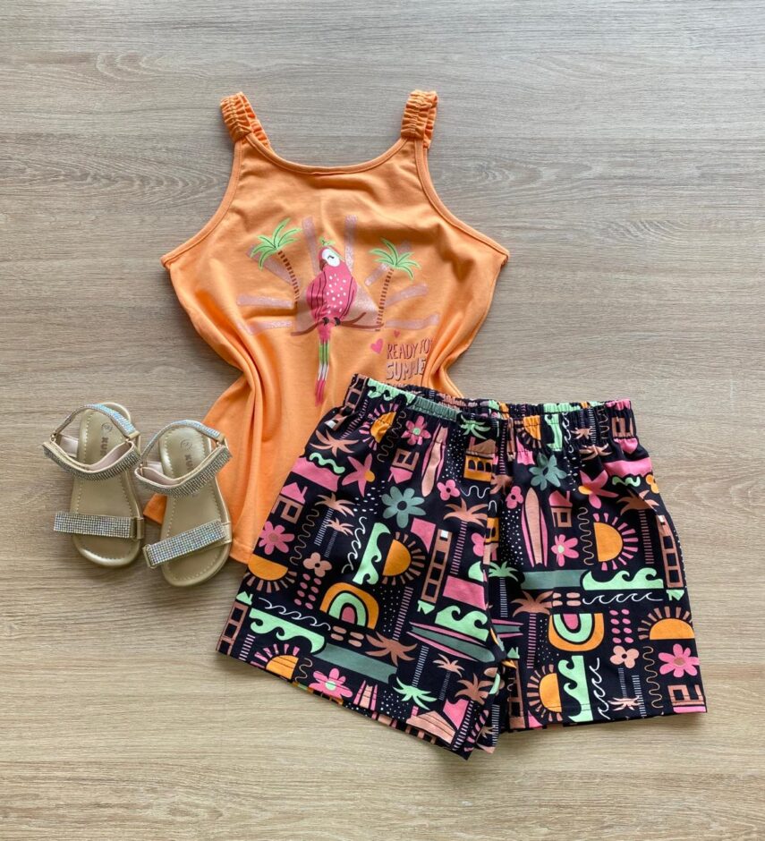 Conjunto Feminino Infantil Regata Summer e Short Estampado Fernanda Ramos Kids