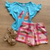 Conjunto Infantil Feminino Blusa Azul com Pompom e Short Estampado Fernanda Ramos Kids