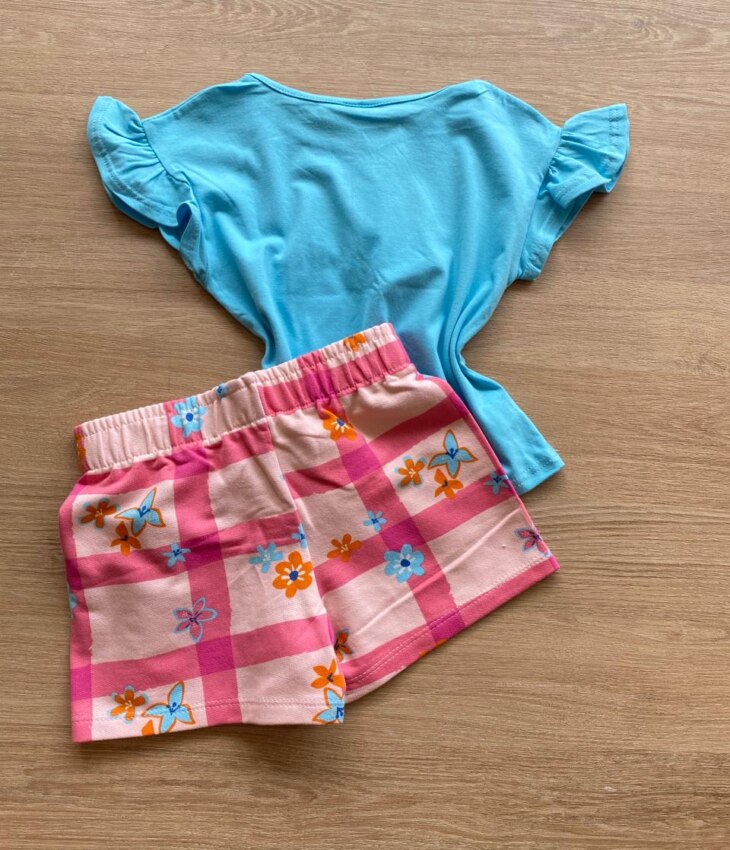 fernandaramoskids com br Conjunto Infantil Feminino Blusa Azul com Pompom e Short Estampado2