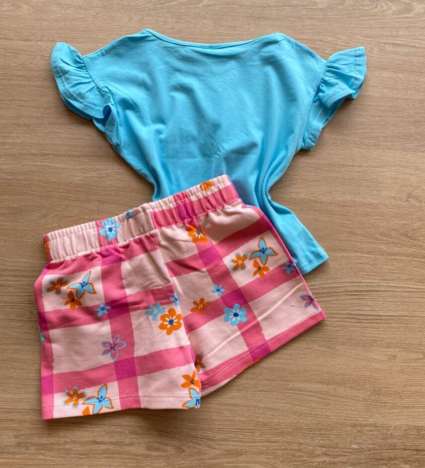fernandaramoskids com br Conjunto Infantil Feminino Blusa Azul com Pompom e Short Estampado2